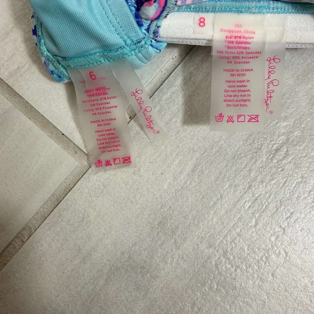 Lilly Pulitzer Bikini Set Blue Pink Tropical Floral Bandeau Top 8 Bottom 6